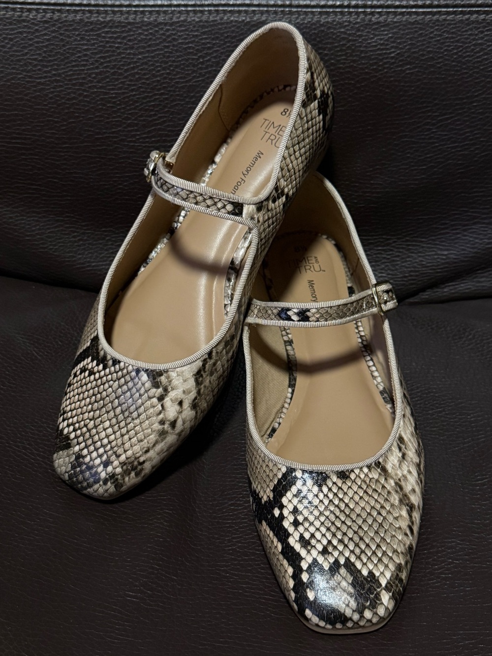 Snake-Print Mary Jane Flats in Beige and Brown